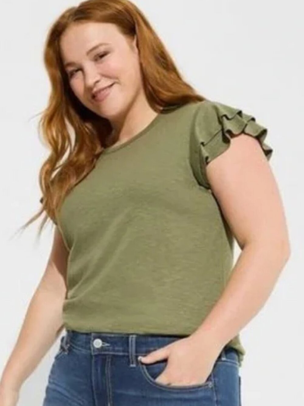 Torrid Olive Green Super Soft Slub Jersey Crew Neck Double Ruffle Sleeve Tee